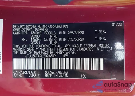 2020 Lexus Rx 350L Luxury z USA, uszkodzony, nr VIN JTJJZKFA9L2024809